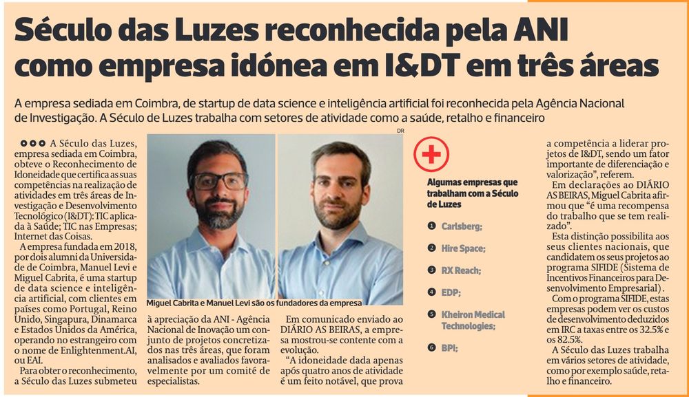 PRESS: Government Agency recognizes EAI as a suitable company for R&D (Diário das Beiras)